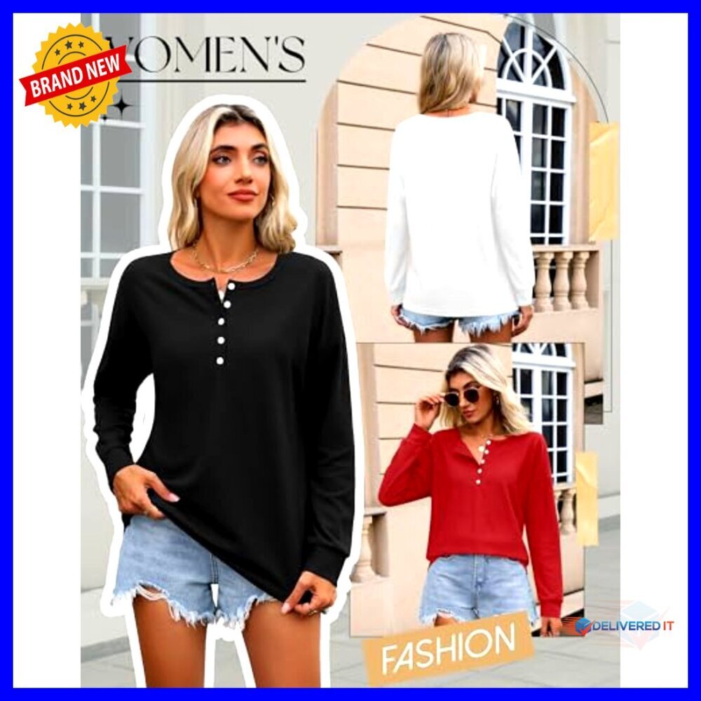 Oversized Waffle Knit Henley Top Long Sleeve V-Neck Button Up Sweater - Picture 6 of 6